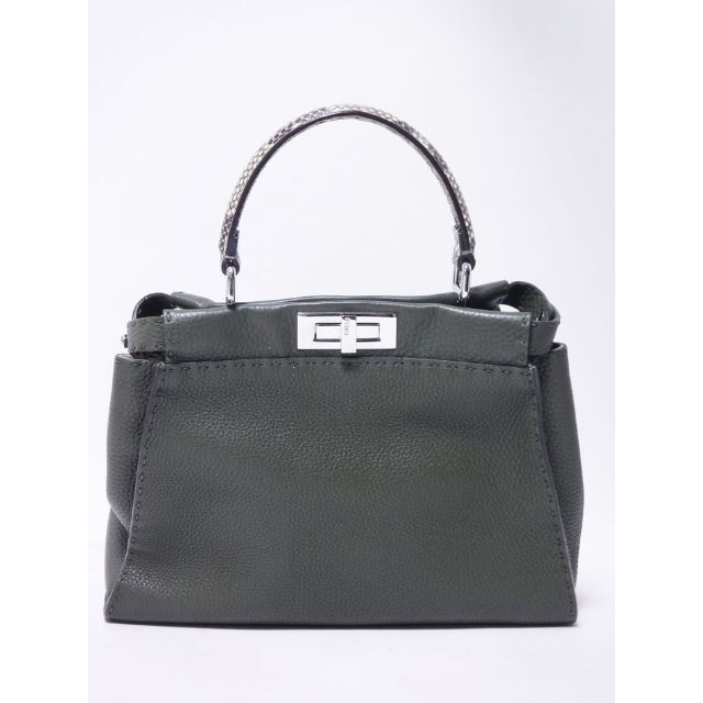 FENDI(フェンディ)のFENDI フェンディ PEEKABOO ピーカブー REGULAR レギュラー ハンドバッグ ショルダーバッグ ２ＷＡＹ レザー パイソン OLIVE DESERT WHITE PALLADIUM 8BN290 5QK F0K15 美品 レディースのバッグ(トートバッグ)の商品写真