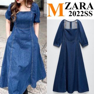 ザラ(ZARA)の【ZARA】ザラ M スクエアネック デニムワンピース フレアー ロング(ロングワンピース/マキシワンピース)