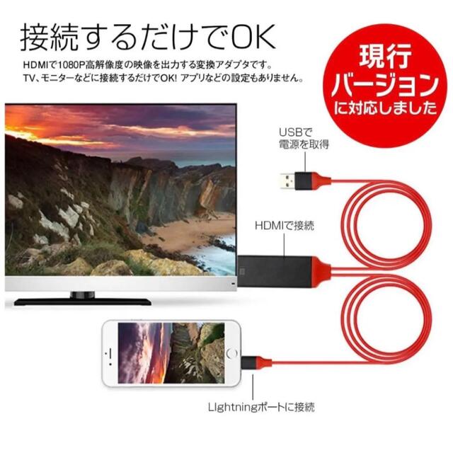 iPhone iPad 変換HDMIケーブル　設定不要　YouTube スマホ/家電/カメラのテレビ/映像機器(映像用ケーブル)の商品写真