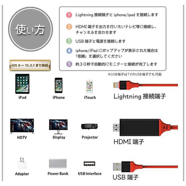 iPhone iPad 変換HDMIケーブル　設定不要　YouTube スマホ/家電/カメラのテレビ/映像機器(映像用ケーブル)の商品写真