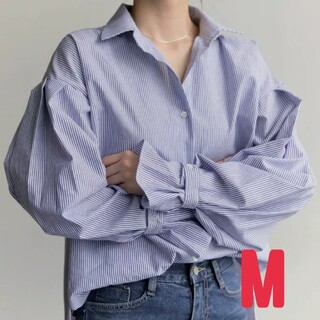 ストライプシャツ 長袖 韓国 ブルー オーバーサイズシャツ ブラウス レディース(シャツ/ブラウス(長袖/七分))