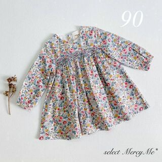 リバティ 刺繍ワンピース 90 女の子 スモッキング 春ふんわり お出かけ 長袖(ワンピース)