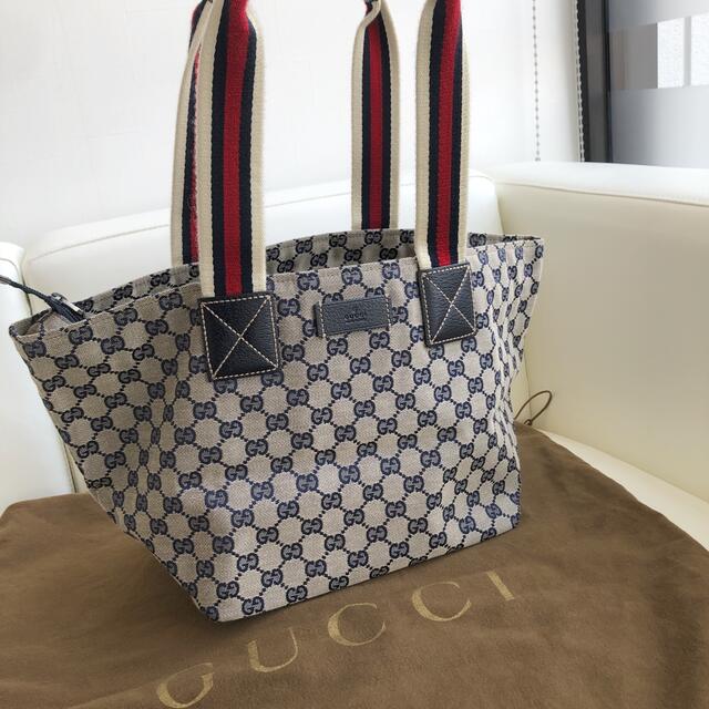 GUCCI トートバッグ GG柄キャンパス×レザー ネイビー-