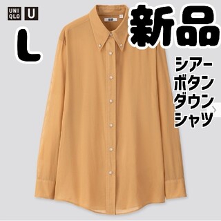 ユニクロ(UNIQLO)の新品 ユニクロU ブラウン 綿100% シアー ボタンダウンシャツ L(シャツ/ブラウス(長袖/七分))