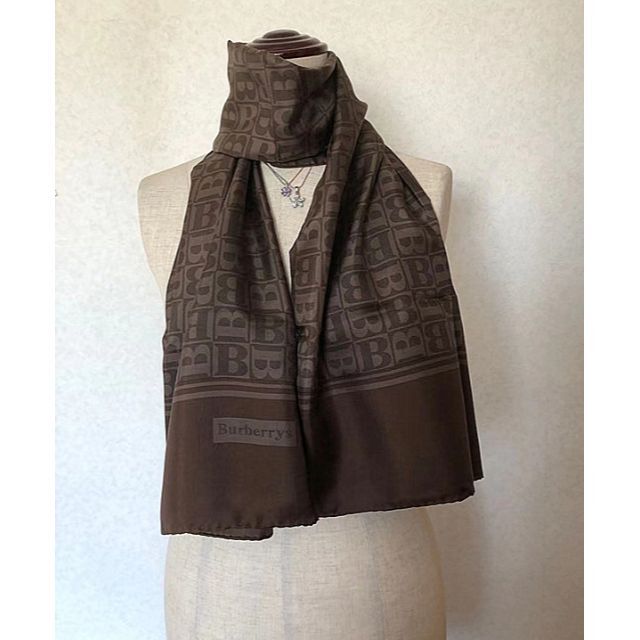 バーバリー稀少レア柄Bロゴ柄シルクロングスカーフ★43.5×145㎝ストール BURBERRY 最新の激安