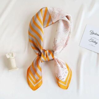 高品質◇オレンジ 花柄 ボーダー 春スカーフ ファッション小物 入学式 ヘア(バンダナ/スカーフ)