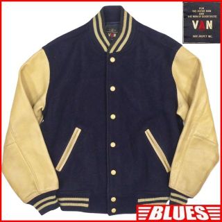 VAN Jacket - スタジャン 古着 VAN JACKET ブルゾン 革 M ヴァンヂャケット 紺