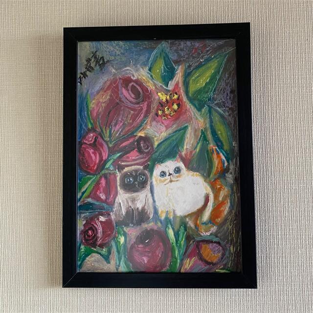 油絵、絵画。壁掛け絵原画手描き【バラの花の中からかわいい猫ちゃん2