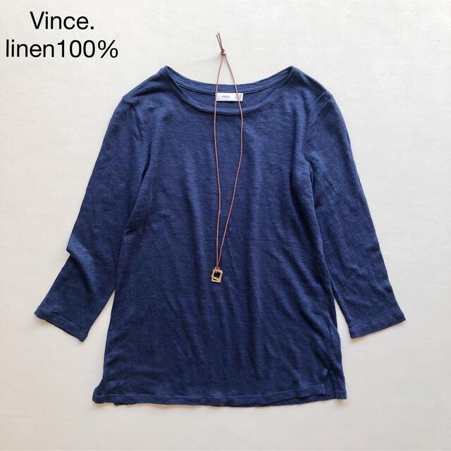Vince(ビンス)の861ヴィンス VINCE. 七分袖リネン100％ニット 紺XS麻 レディースのトップス(ニット/セーター)の商品写真
