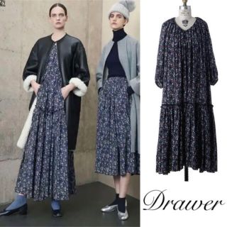 ドゥロワー(Drawer)の美品 Drawer フラワープリントギャザーワンピース 36(ロングワンピース/マキシワンピース)