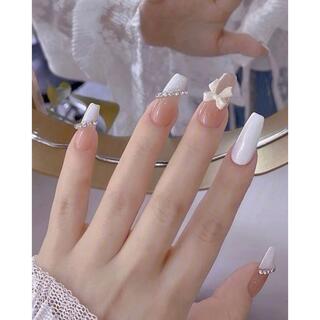 ネイルチップ リボン 白 韓国 付け爪 つけ爪 ピンク ちゅるん 量産型