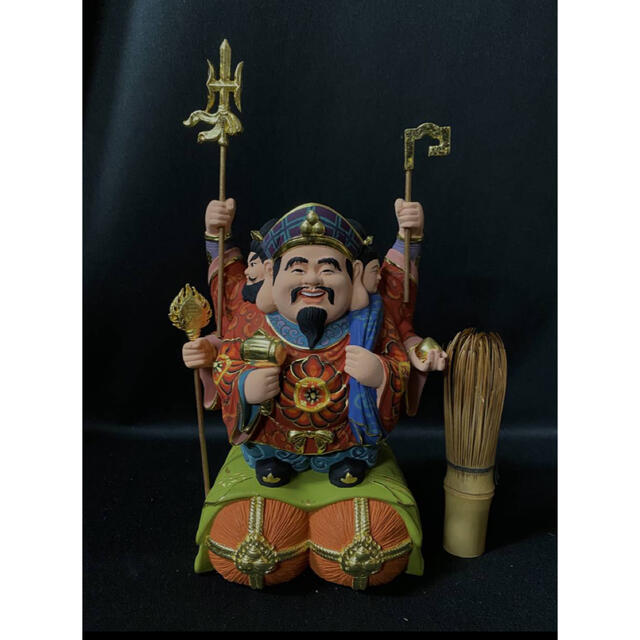 総檜材 仏教工芸品 彩繪 本金 切金 仏師で仕上げ品 福神三面大黒天立像