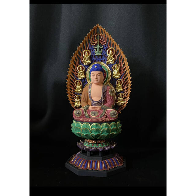 美術品/アンティーク仏教工芸品　木彫仏像　 彩金 彩繪 金箔 仏師手彫り 手描き　釈迦如来座像