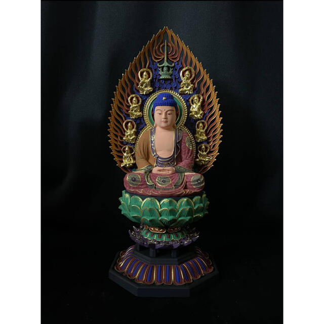 仏教工芸品　木彫仏像　 彩金 彩繪 金箔 仏師手彫り 手描き　釈迦如来座像