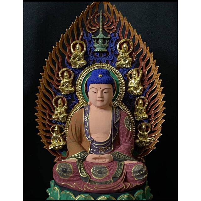 仏教工芸品　木彫仏像　 彩金 彩繪 金箔 仏師手彫り 手描き　釈迦如来座像