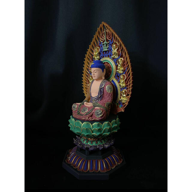 仏教工芸品　木彫仏像　 彩金 彩繪 金箔 仏師手彫り 手描き　釈迦如来座像