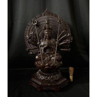 珍品　大型高62cm　黒壇材　仏教工芸品　木彫仏像　極上品　千手觀音菩薩座像(彫刻/オブジェ)