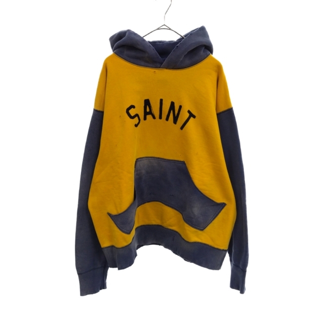 SAINT MICHAEL セントマイケル 21AW HOODIE FELT フェルトロゴヴィンテージ加工プルオーバーパーカー SM-A21-0000-035 イエロー/ネイビー