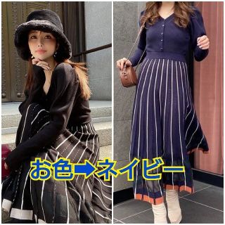 エイミーイストワール(eimy istoire)の新品✨eimy【シアーカラーブロックプリーツニットワンピース】ネイビー・フリー(ロングワンピース/マキシワンピース)