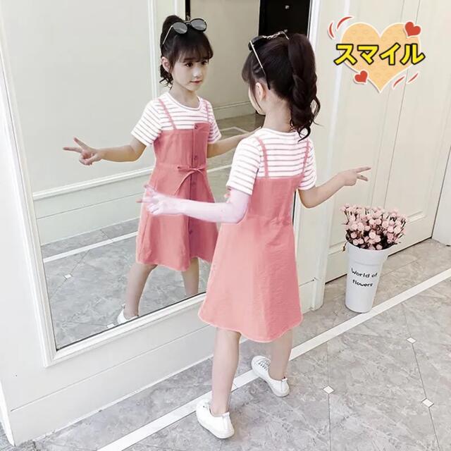 キッズワンピース　切り替え　鮮やか　半袖　女の子　夏服ピンク150 キッズ/ベビー/マタニティのキッズ服女の子用(90cm~)(ワンピース)の商品写真