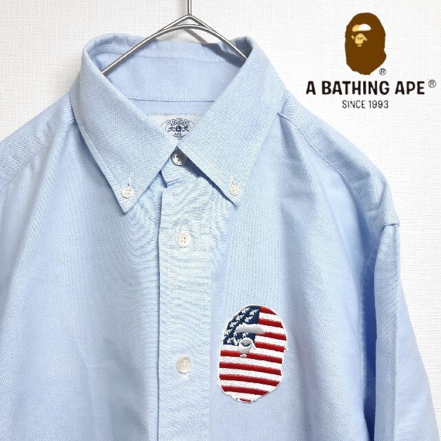 メンズA BATHING APE ボタンダウン 長袖 シャツ USA 刺繍 ロゴ M