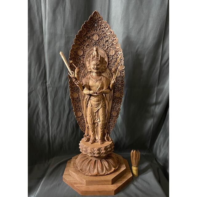 大型高62cm 井波彫刻 仏教工芸品 総楠製 極上彫 木彫仏像 馬頭観音菩薩