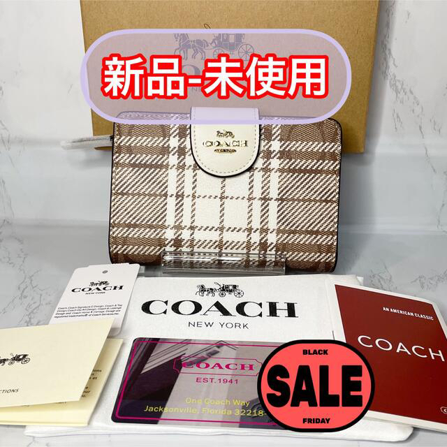 COACH(コーチ)のCOACH カーキ×チョークマルチ シグネチャー プラッド プリント 折り財布 レディースのファッション小物(財布)の商品写真