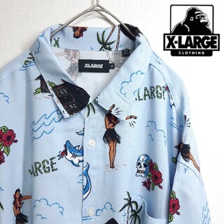 【美品】X-LARGE レーヨン 半袖 シャツ 南国 アロハシャツ 水色 XL