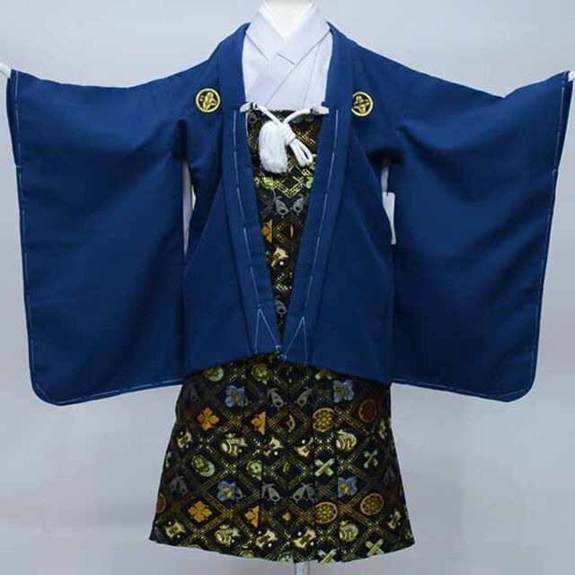 七五三 五歳 男児 着物 羽織袴フルセット 紋袴 黒 袴変更可能 NO37122