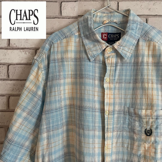 チャップス(CHAPS)の激レア CHAPS 半袖シャツ リネン＆コットン ロゴ刺繍入 チェック柄 水色M(シャツ)