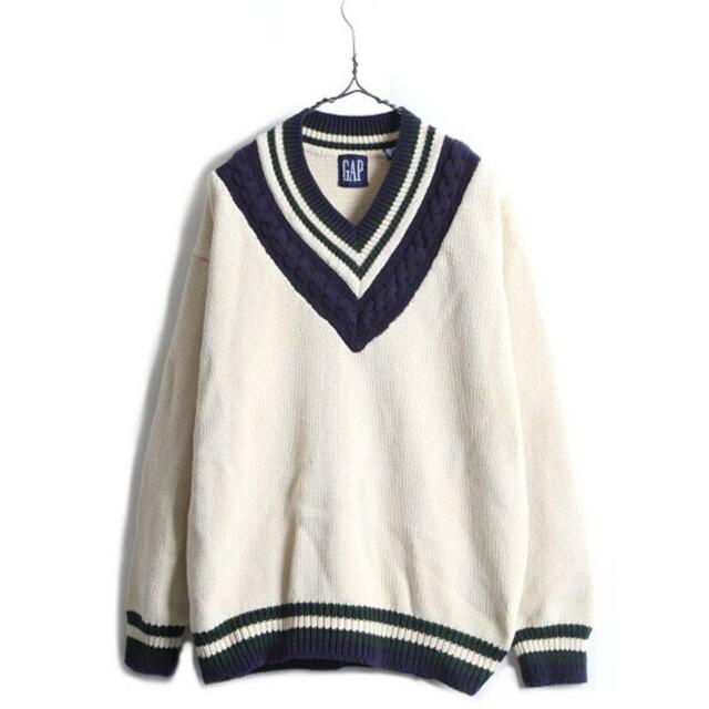 00s 90s OLD GAP Vネック ケーブルニット コットン L グリーン