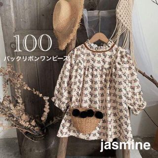 100 ＊ フリルネック 花柄ワンピース コーデュロイ 長袖 チュニック(ワンピース)