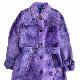 極美品 プラダ PRADA カーフスキン ファー レザー スタッズ コート ３