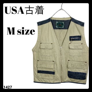 USA古着 フィッシングベスト Mサイズ ベージュ アウトドア 重ね着(ベスト)
