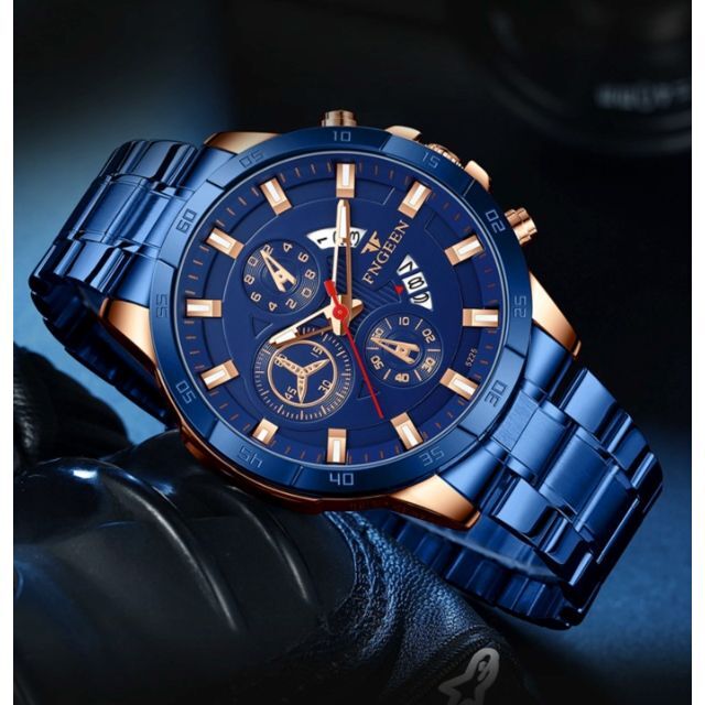 新品 FNGEEN ラグジュアリー デイト ステンレス 腕時計 防水 ブルー メンズの時計(腕時計(アナログ))の商品写真