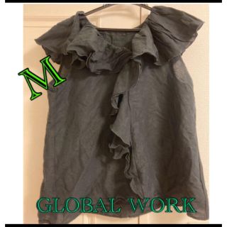 グローバルワーク(GLOBAL WORK)のグローバルワーク　フリル　襟大きめ　麻　ブラウス　Mサイズ　ブラック　黒(シャツ/ブラウス(半袖/袖なし))