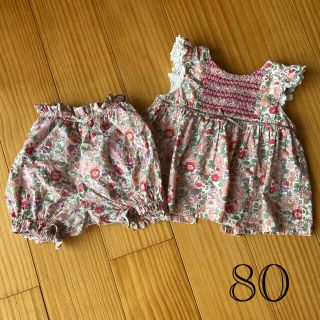 ベベ(BeBe)のbebe reduction エプロンワンピース　かぼちゃパンツセット　80(ワンピース)