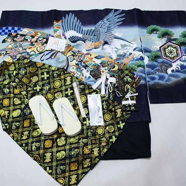 七五三 五歳 男児 羽織袴フルセット 着物 黒地 鷹 袴変更可能 NO36983 ...