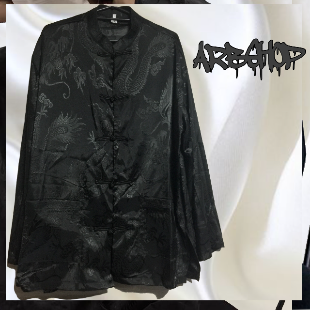 カンフー チャイナ服　ブラック チャイナ風 ドラゴン柄 サテンシャツ 黒 メンズのトップス(シャツ)の商品写真
