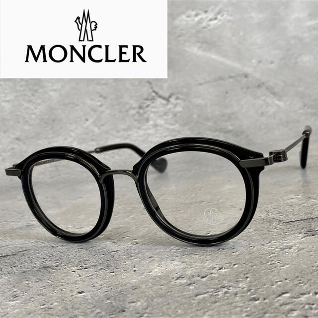 正規 モンクレール メガネ - MONCLER ラウンド 銀 黒 アセテート メタル クローム ブラック サングラス+メガネ