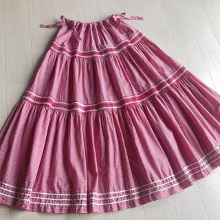 ピンクハウス(PINK HOUSE)のピンクハウス 綿ローン 赤×白 チェック柄 スモッキング 刺繍 スカート(ロングスカート)