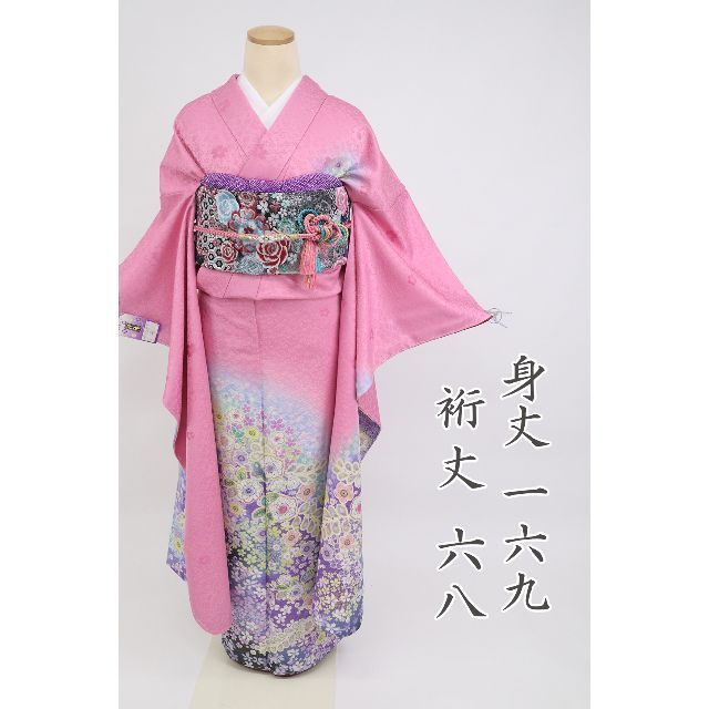 新品 高級振袖 長尺 ＊袷着物 辻が花模様 ピンク銀通し桜の地紋 3RM56