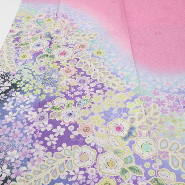 新品 高級振袖 長尺 *袷着物 辻が花模様 ピンク銀通し桜の地紋 新品 高級振袖 長尺 *袷着物 辻が花模様 ピンク銀通し桜の地紋