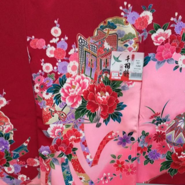 上級品 正絹 お宮参り 初着 産着 祝着 女の子 花車 赤 ピンク のしめ 掛着-