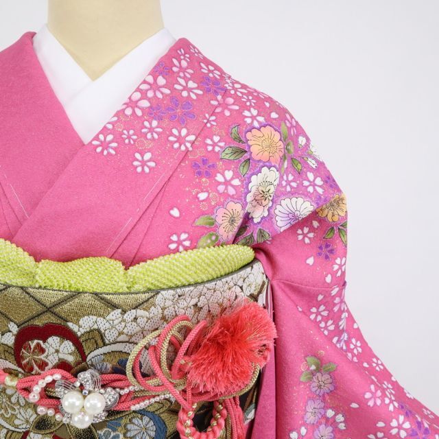 新品振袖 辻が花模様桜梅模様*袷着物 ピンク金通し地 3RM51の 新品振袖 辻が花模様桜梅模様*袷着物 ピンク金通し地 3RM51の