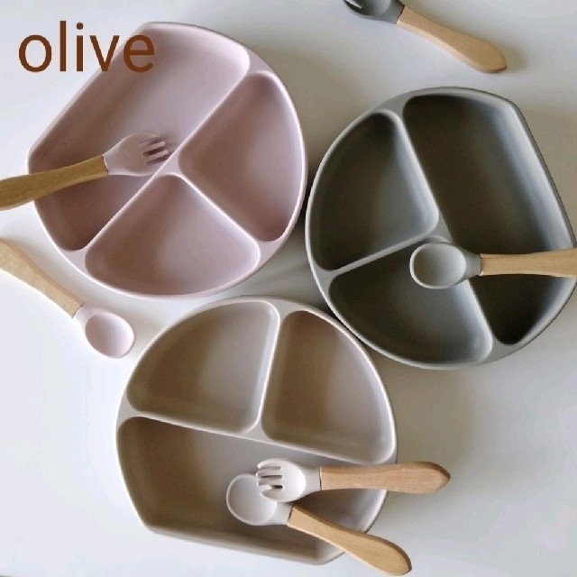 【olive・シリコンプレート3点set】スプーン&フォーク　ベビー食器　離乳食