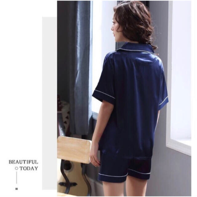 【XXL/ブルー】シャツパジャマ セットアップ 半袖 シルクタッチ レディースのルームウェア/パジャマ(パジャマ)の商品写真