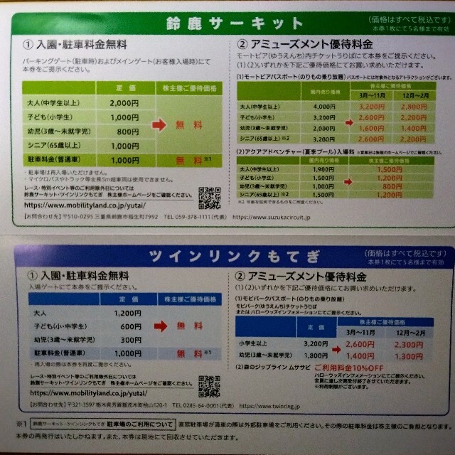 ホンダ(ホンダ)の迅速対応！本田技研工業　株主優待券　鈴鹿サーキット・ツインリンクもてぎ　入園券 チケットの施設利用券(遊園地/テーマパーク)の商品写真