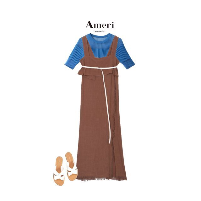 Ameri VINTAGE(アメリヴィンテージ)の【 AMERI 】アメリ SLENDER BELT FRINGE DRESS レディースのワンピース(ロングワンピース/マキシワンピース)の商品写真