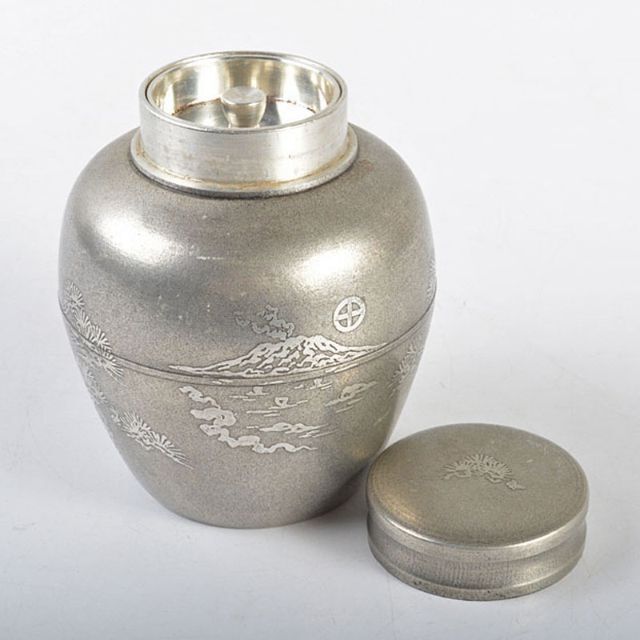 薩摩錫器 さつま岩切 松富士文 茶壷 茶心壷 約435g V R4344 【公式ショップ】 65.0%OFF 薩摩錫器